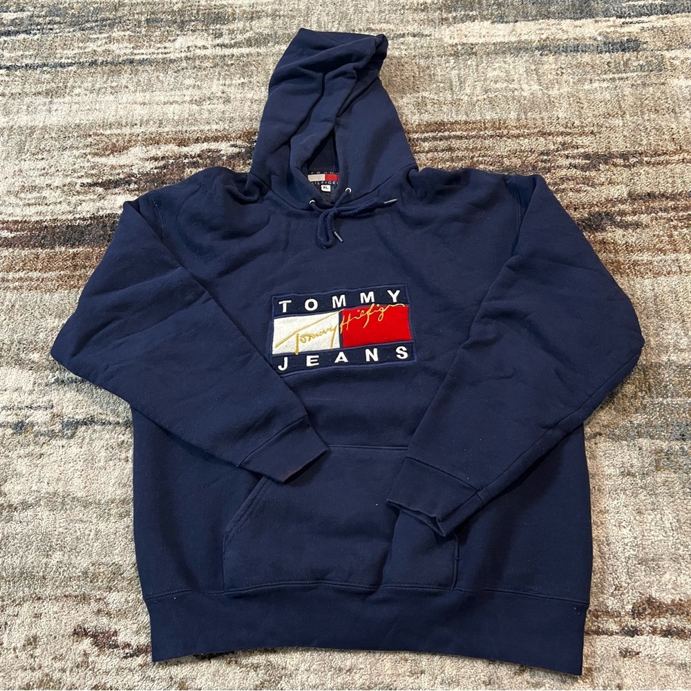 Rare Vintage Tommy Hilfiger Tommy Jeans Navy Hoodie Hooded Sweater size XL